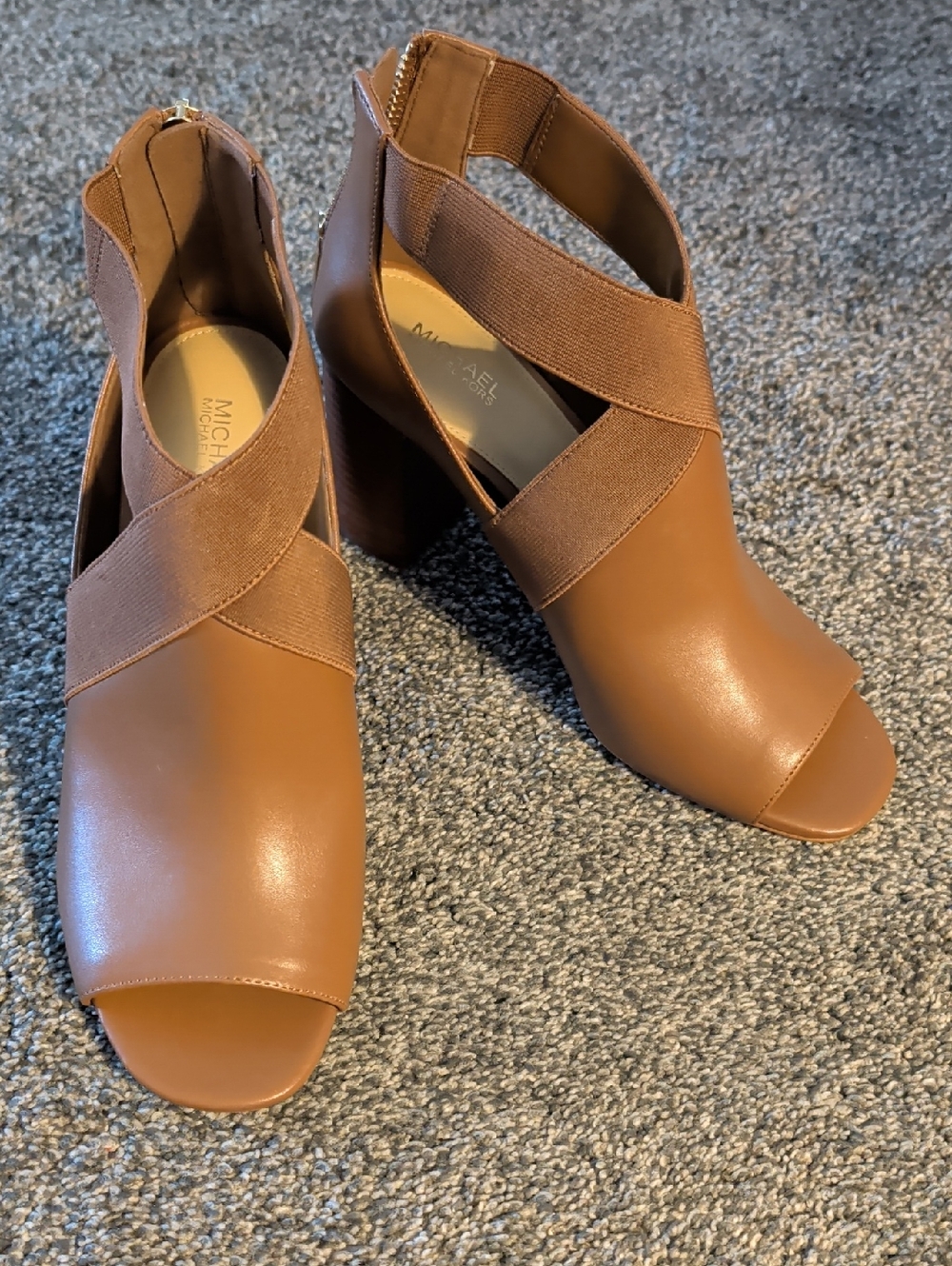 Michael Kors Cognac Vegan Leather Cross-Strap Peep-Toe Block Heels
